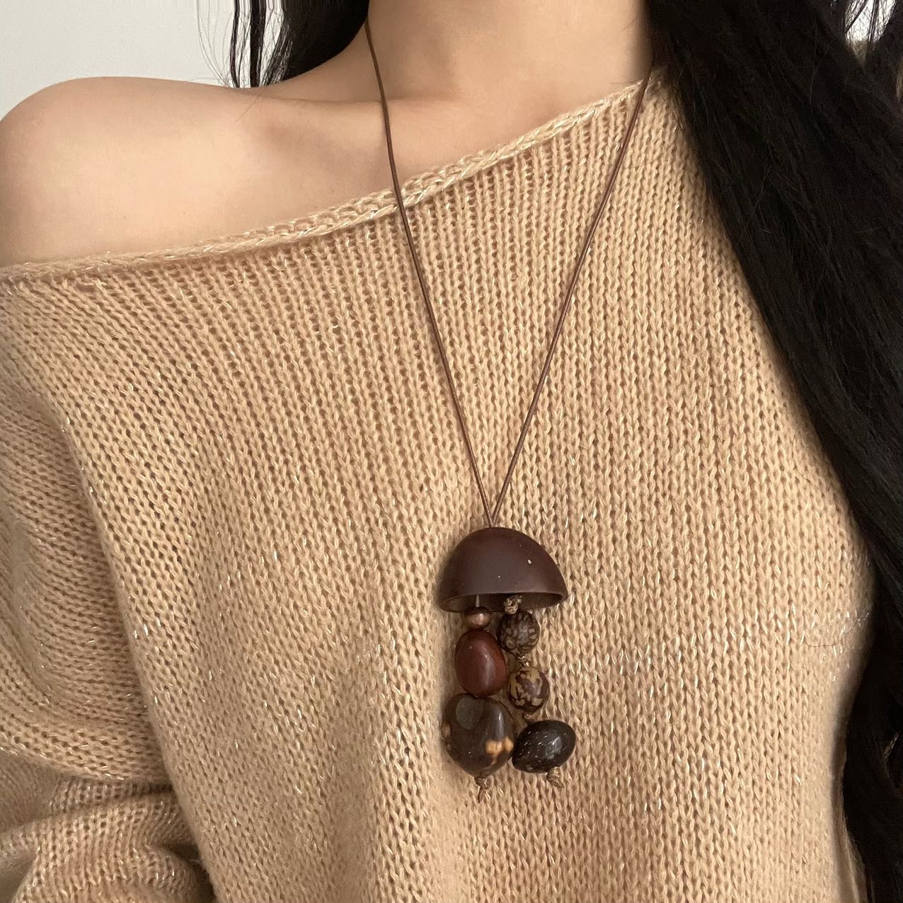 中式复古棕色果壳果实吊坠项链女
