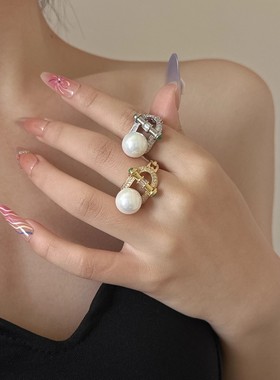 复古宫廷微镶锆石珍珠开口戒指女