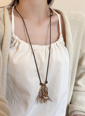 复古民族风长贝壳麦穗吊坠项链女