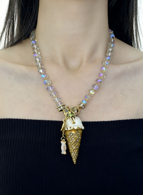 时尚幻彩水晶串珠冰激凌吊坠项链