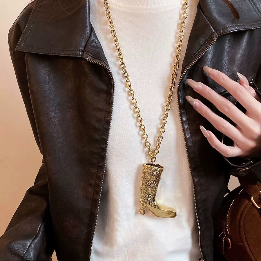复古金属长筒靴吊坠项链女非洲菊小众设计时尚夸张鞋子长款毛衣链