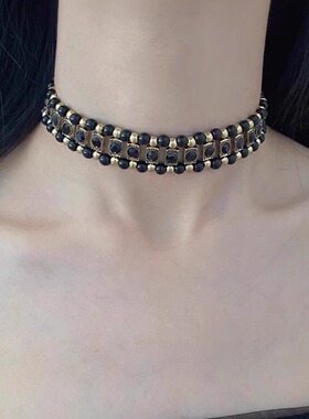 法式巴洛克黑金串珠镶钻项链女