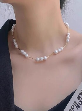 韩式复古金属拼接珍珠串珠项链女