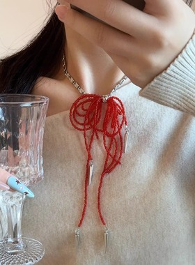 潮酷红色米珠串珠流苏蝴蝶结项链