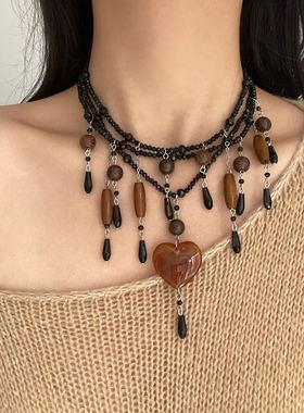复古多层串珠树脂爱心流苏项链女
