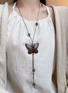 国风复古长款流苏木质蝴蝶项链女