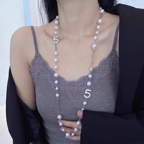 长款叠戴数字5珍珠项链毛衣链女