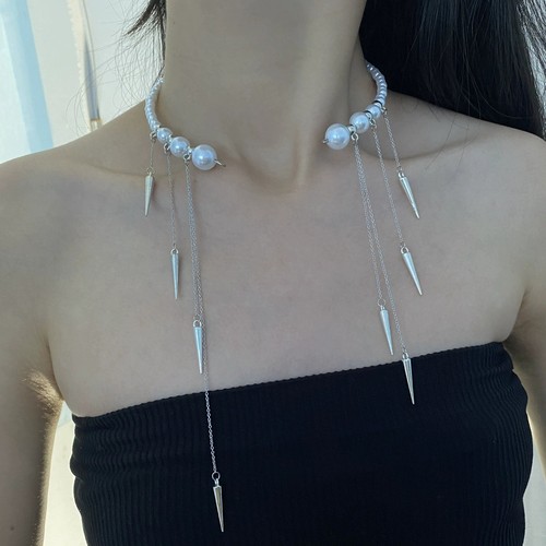 甜酷超仙珍珠铆钉流苏项圈项链女