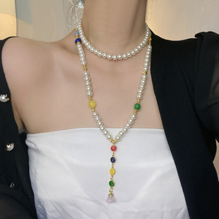 新中式珐琅彩仿贝珍珠多宝长款项链女国风平安喜乐叠戴毛衣链配饰