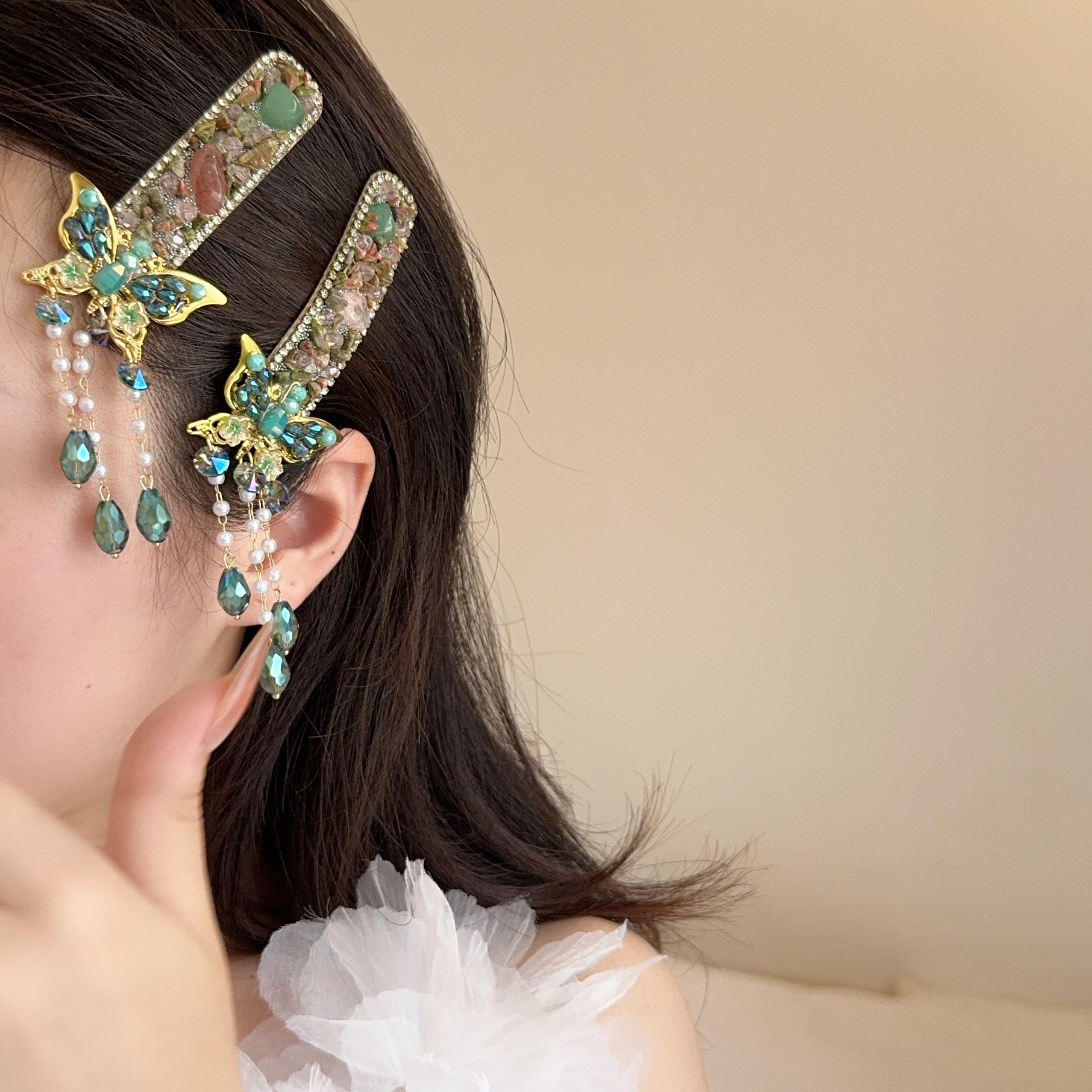 国风复古超仙绿色水晶蝴蝶流苏发夹女2025新款森系刘海侧边夹bb夹,饰品/流行首饰/时尚饰品新,发饰,淘宝优惠券,粉丝福利购,淘宝优惠卷