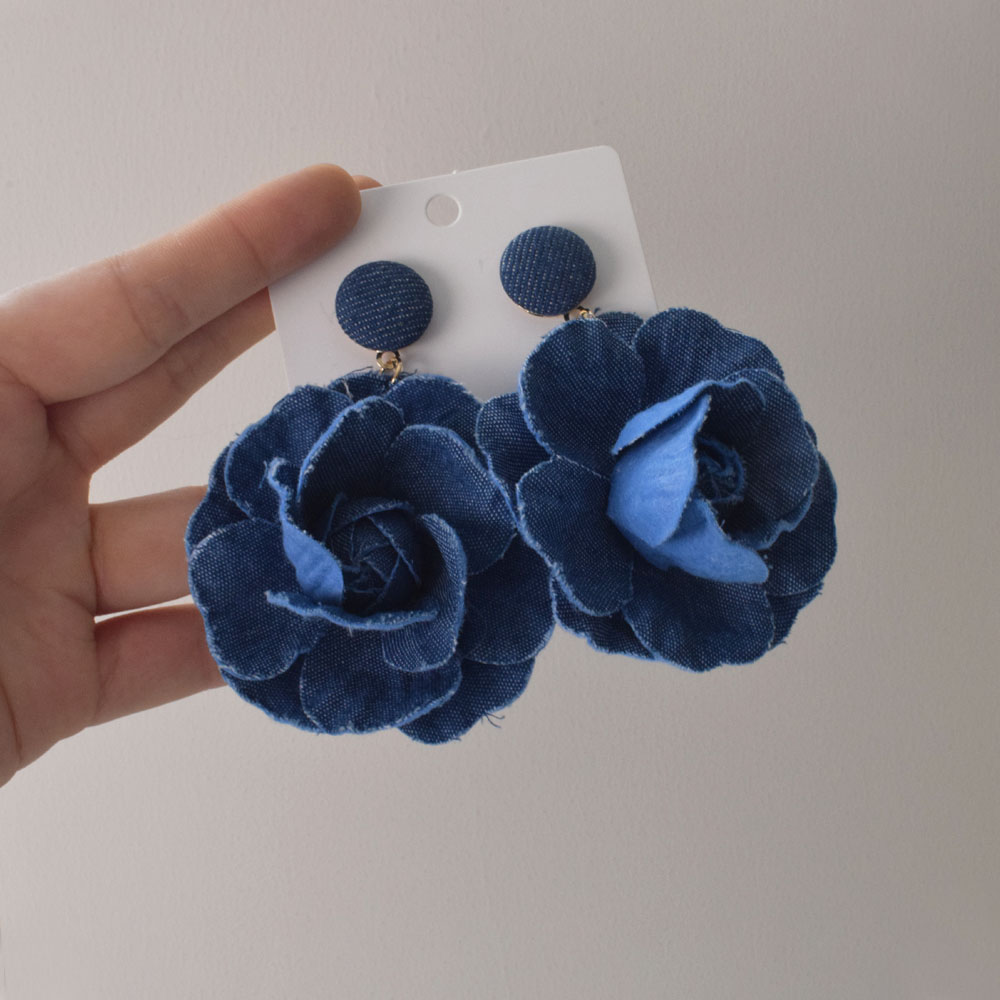 复古蓝色牛仔玫瑰花耳钉