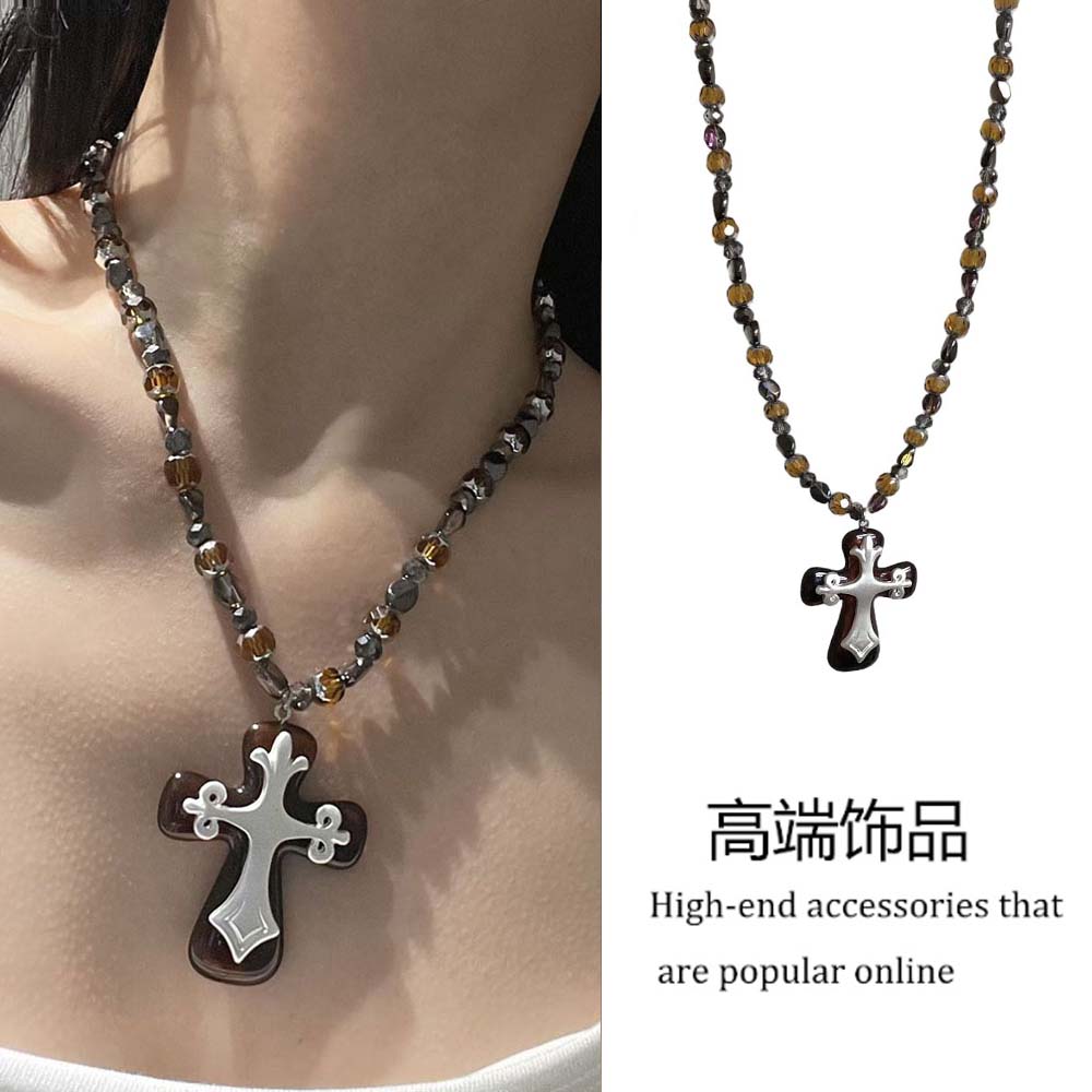 复古水晶串珠十字架吊坠项链女款