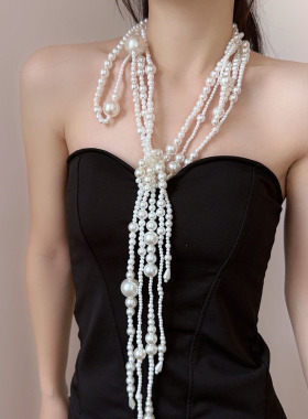 法式小香风珍珠串珠毛衣链长款女