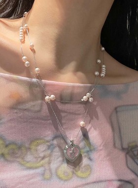 甜美超仙粉色珍珠爱心十字架项链