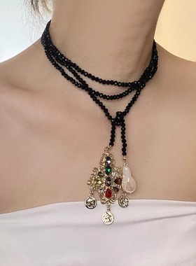 法式轻奢黑尖晶串珠彩钻项链女