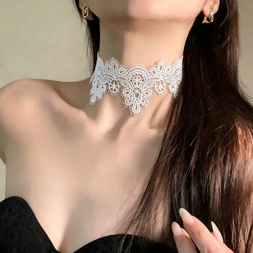 暗黑辣妹风黑白色蕾丝项圈项链女