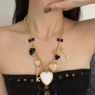 复古宫廷风滴油爱心钥匙吊坠项链女中古vintage双层锁骨链毛衣链