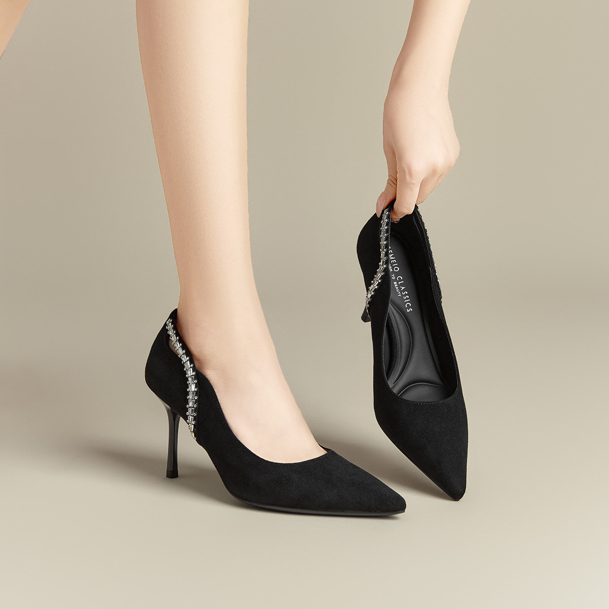 戈美其商场同款黑色高跟鞋女细跟2025新款气质绒面不累脚职业单鞋,女鞋,浅口单鞋,淘宝优惠券,粉丝福利购,淘宝优惠卷