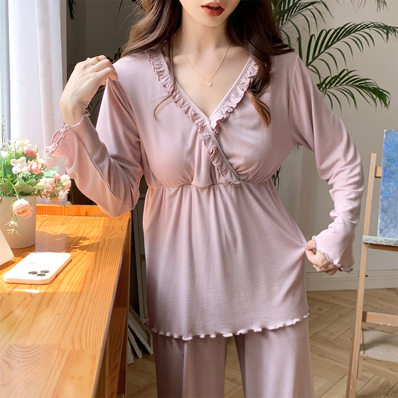 小个子纯棉莫代尔孕妇睡衣女产后哺乳秋衣月子服带胸垫家居服套装