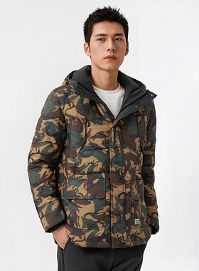ABLE JEANS羽绒服男冬季中长款连帽迷彩鸭绒保暖风衣外套粉丝福利