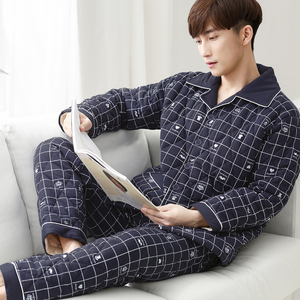 100%全棉三层加厚夹棉睡衣男纯棉冬季夹棉中老年男士加棉加厚棉袄