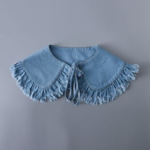 牛仔木耳边披肩假领子女 系带大翻领 毛边装饰假衣领搭配T恤衬衫