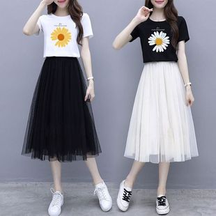 女夏2025新款短袖小个子连衣裙套装两件套裙子网纱裙女学生半身裙