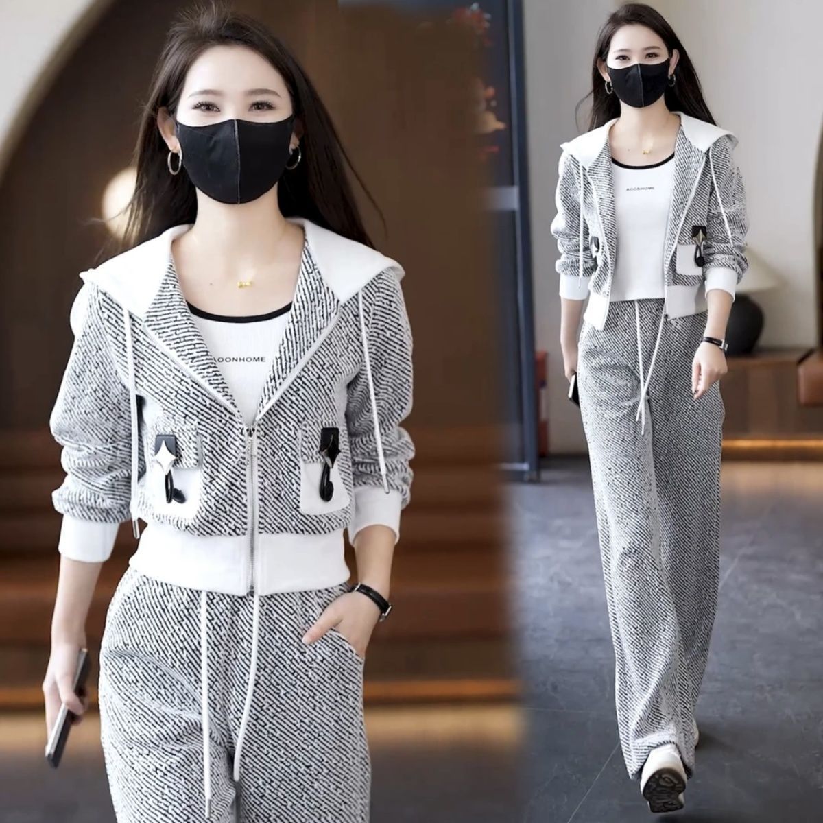 连帽开衫卫衣阔腿裤两件套