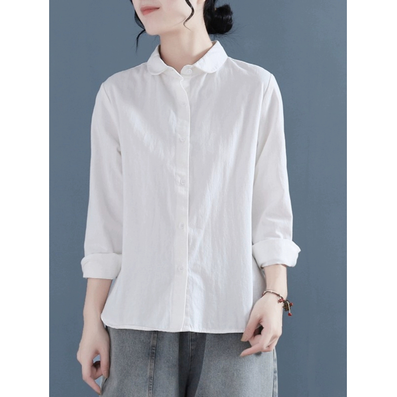 小众别致上衣2024春秋复古文艺全棉衬衫女长袖休闲娃娃领棉麻衬衣
