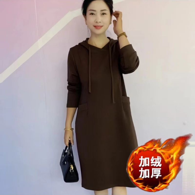 洋气连帽卫衣连衣裙女中长款2023春秋新款妈妈宽松遮肚子长袖裙子