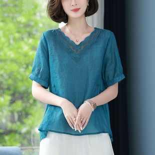 休闲宽松亚麻衬衫 棉麻上衣女士短袖 新款 妈妈苎麻小衫 t恤 2025夏季