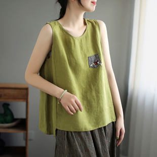 苧麻背心吊帶T恤女寬松夏季 外穿內(nèi)搭純色休閑不規(guī)則棉麻上衣 無(wú)袖