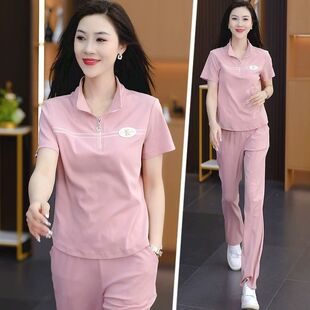 夏天休闲运动套装女2025新款时尚洋气短袖立领夏装宽松显瘦两件套