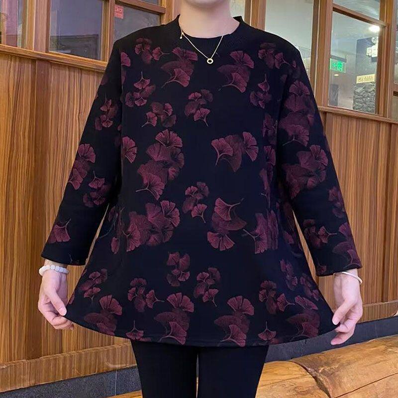 中老年人加肥加大码宽松妈妈秋冬季中长款T桖加绒加厚打底上衣女