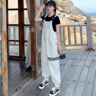 ins超火宽松束脚裤子女欧洲站2025夏装新款三条杠背带垮裤休闲裤