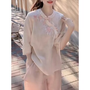 年轻妈妈夏季衬衫中年女士七分袖上衣薄款夏季洋气复古棉麻小衫潮