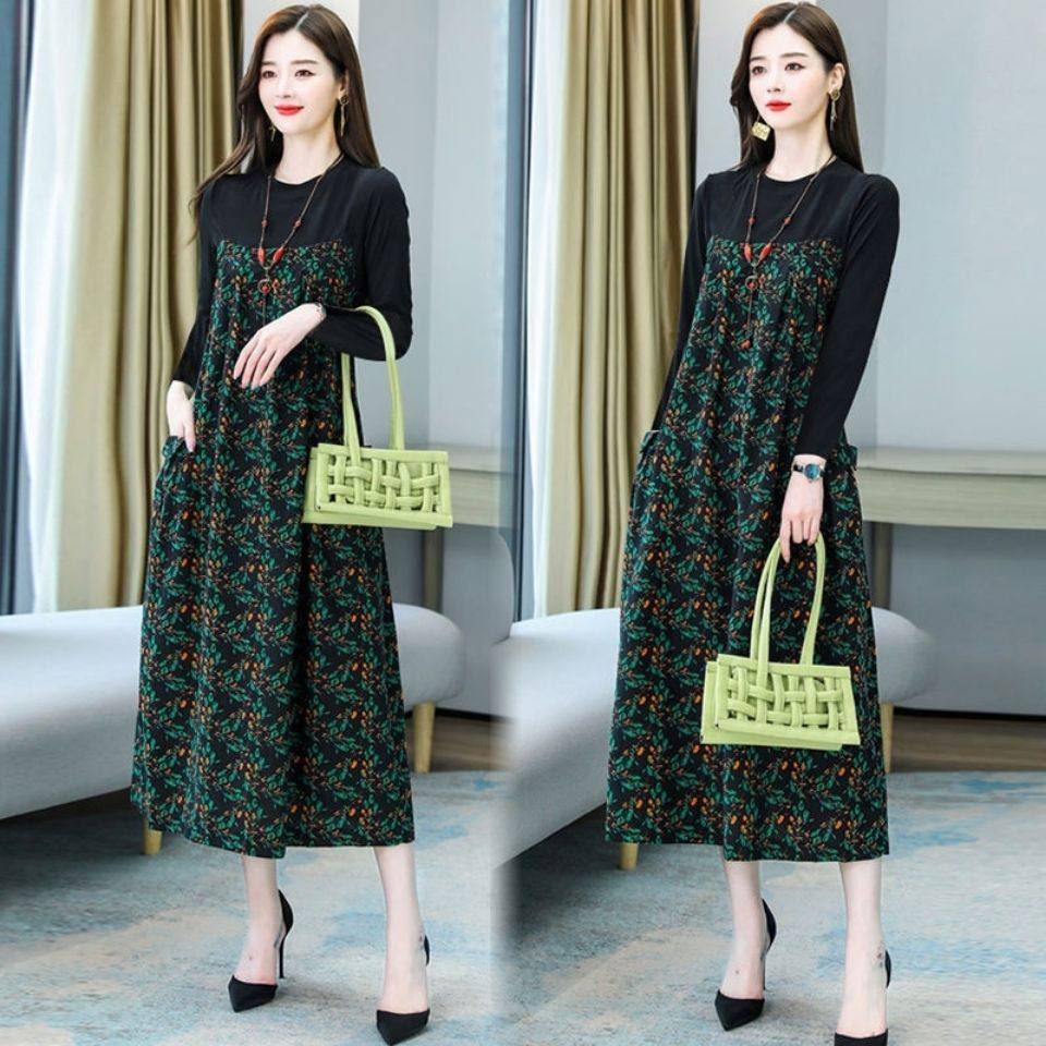 2023年新款春秋女装大码胖mm气质网红连衣裙子时尚长袖假两件套装