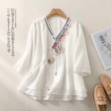 夏季宽松V领刺绣斜襟系带开衫女2025新款中国风棉麻复古汉服上衣