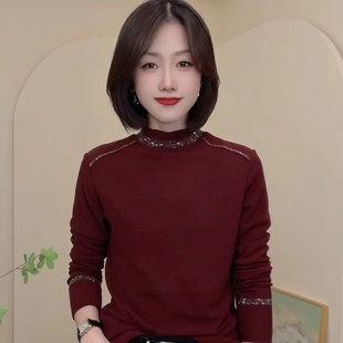 女上衣妈妈装 双面绒半高领洋气百搭烫钻气质显瘦打底衫 秋季 新款