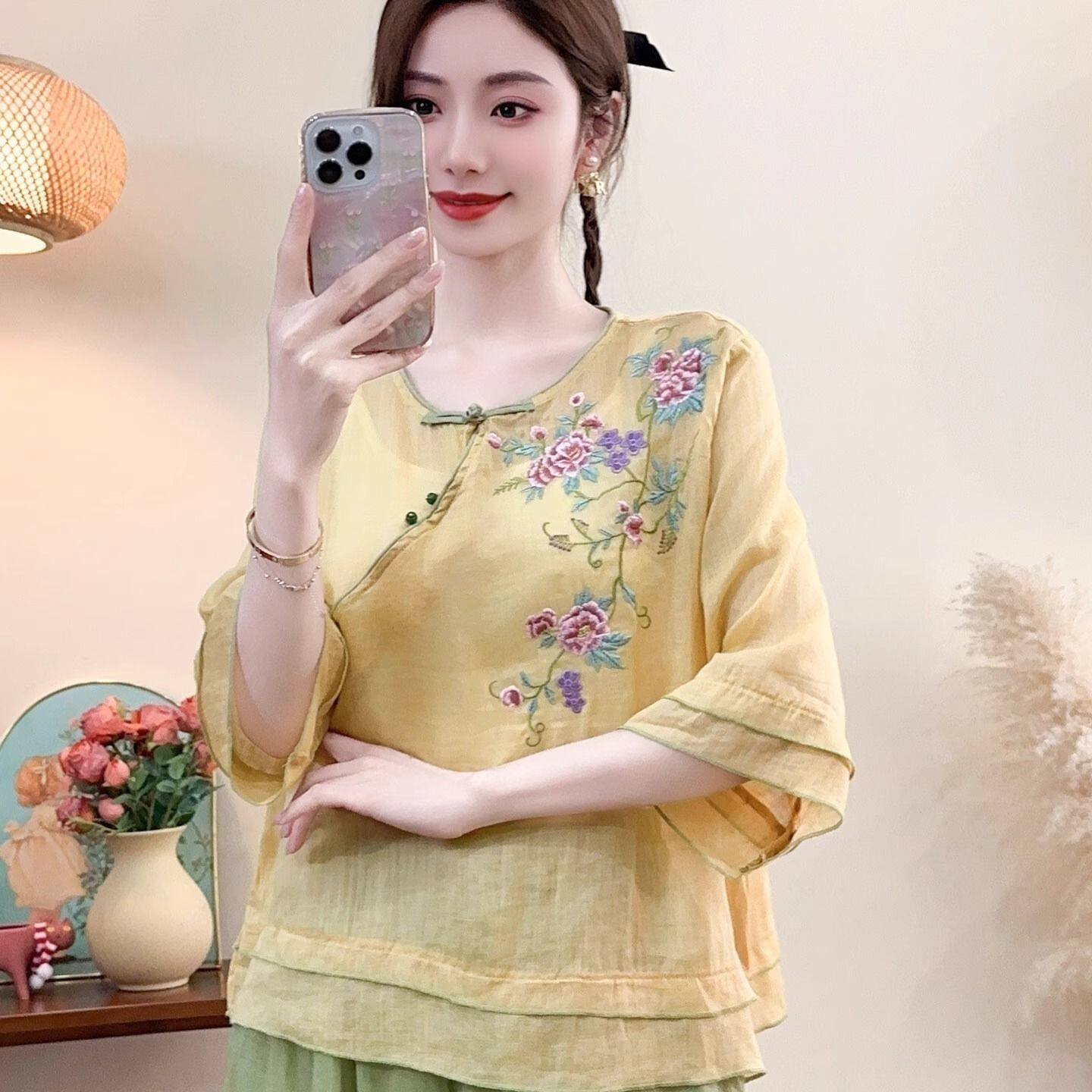 中式轻奢高级感苎麻中装上衣女士2025新款中国风高端棉麻亚麻衬衫
