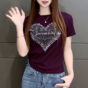 ins 内搭洋气夏装 欧洲站黑色t恤女烫钻爱心字母宽松正肩短袖 打底衫
