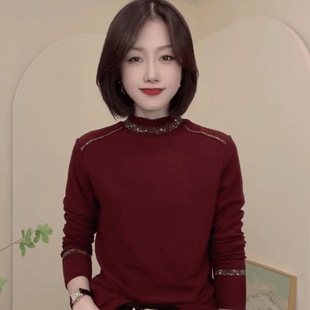 时尚 秋冬新款 女半高领长袖 纯色烫钻一体绒打底衫 百搭上衣服 妈妈装