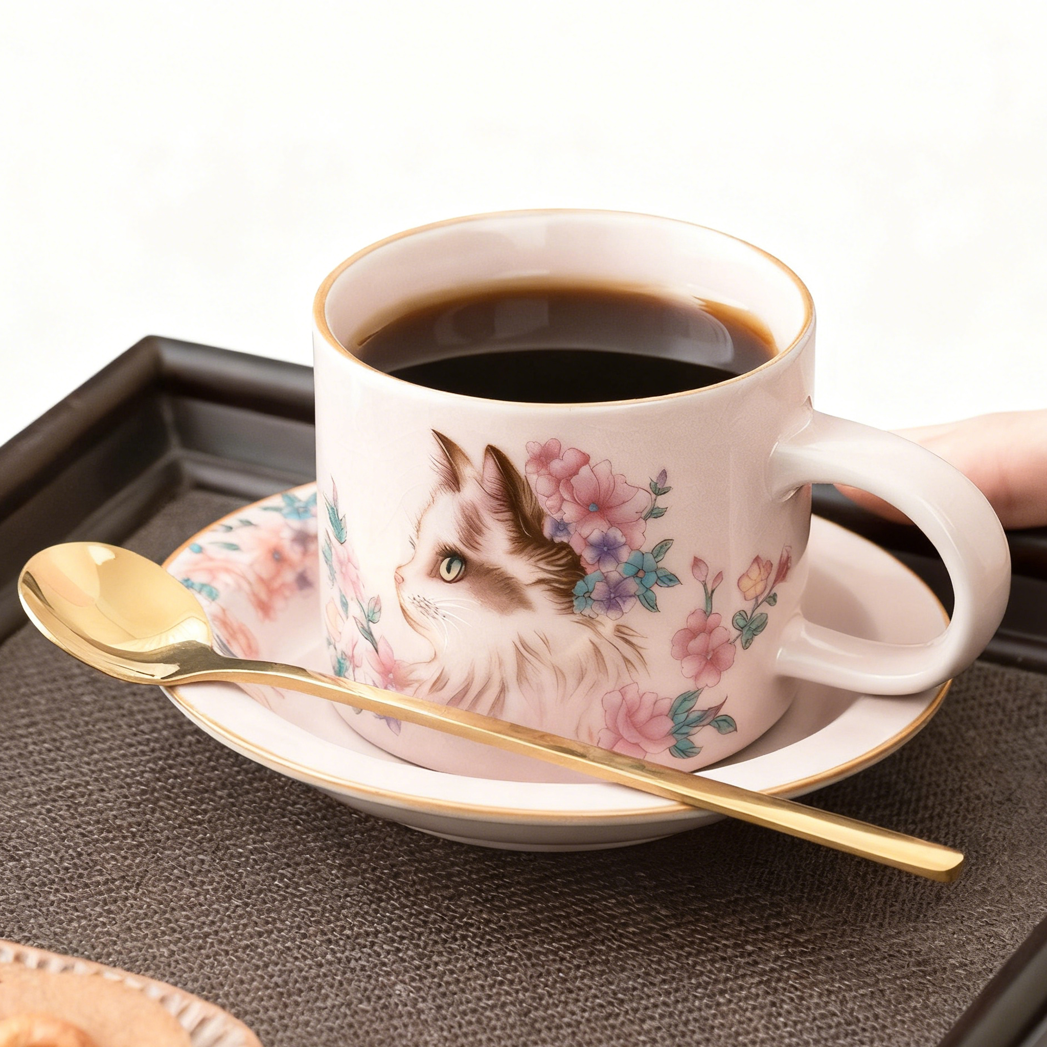 汝窑粉汝花猫咖啡杯女士个人专用杯碟精致复古搅拌杯子陶瓷马克杯