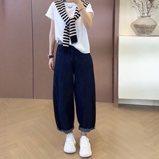 9029#52     2025夏季薄款丹宁蓝弯刀裤九分窄版高腰显瘦阔腿裤女