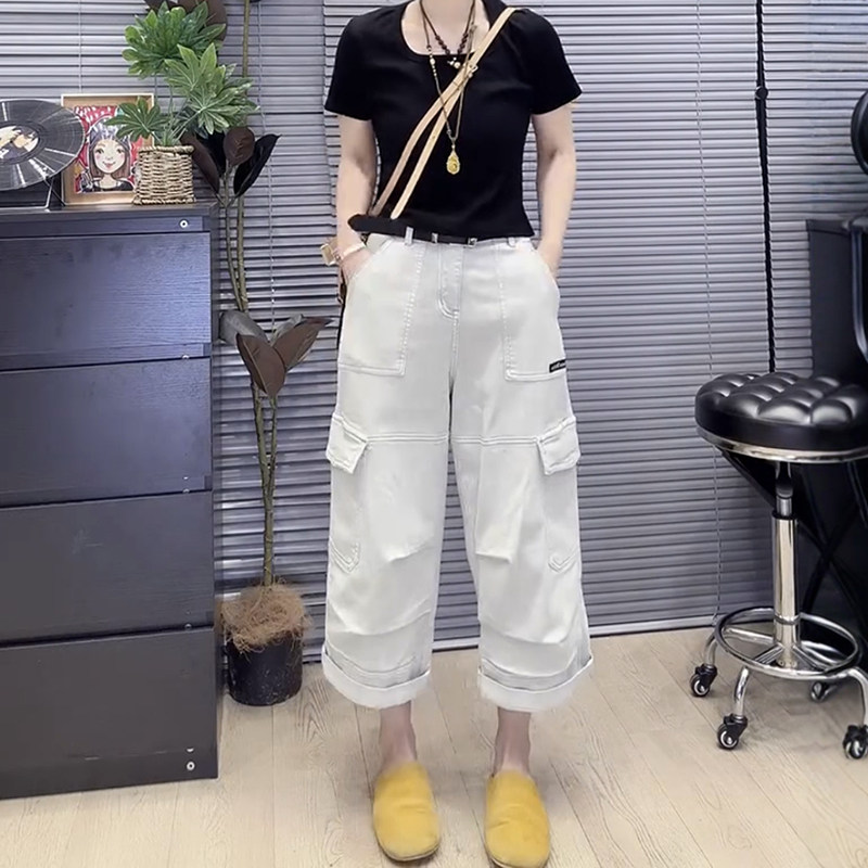 9008#51     小个子洋气弹力显瘦八分牛仔裤女时尚大兜个性工装裤
