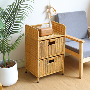 二层收纳柜抽屉式仿藤编卧室内衣杂物储物柜多层落地置物柜床头柜