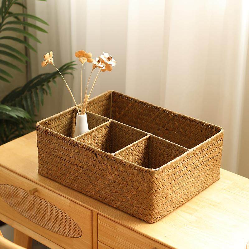 客厅整理分格收纳盒桌面茶几编织多格收纳筐化妆品杂物收纳篮草编,收纳整理,桌面收纳盒,淘宝优惠券,粉丝福利购,淘宝优惠卷