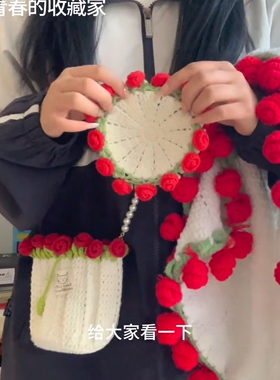 毛线diy玫瑰花花束毯包包三件套