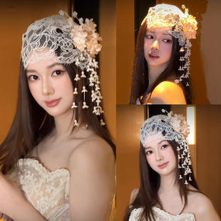 新娘头饰蕾丝花边包头帽子法式复古铃兰花结婚纱礼服造型发配饰