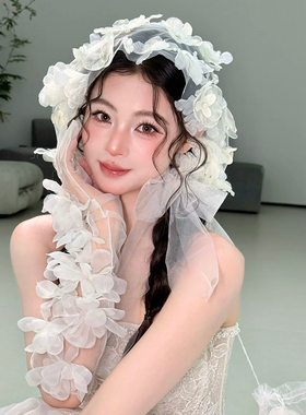 法式风白色花朵包头纱新娘超仙立体网纱婚纱发饰高级感拍照道具